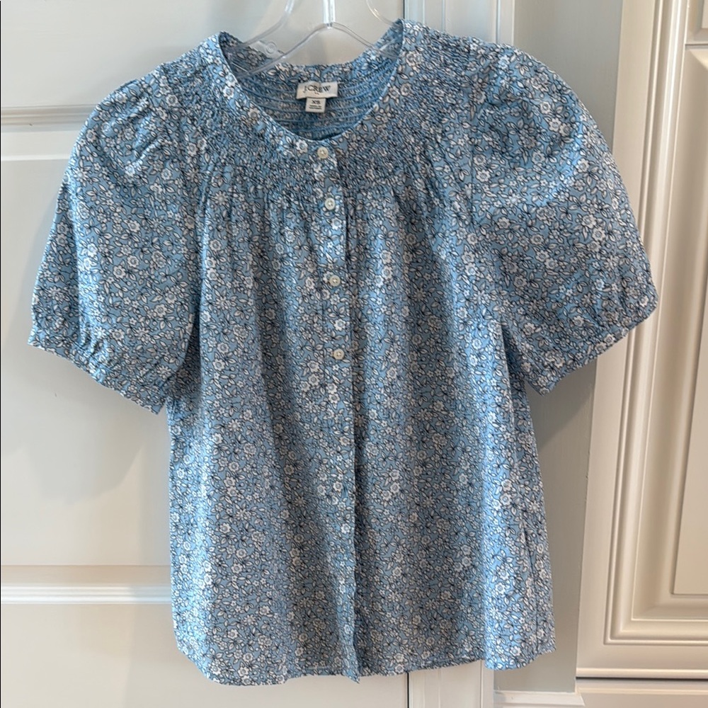 J. Crew Blue and White Smocked Bib Collar Blouse